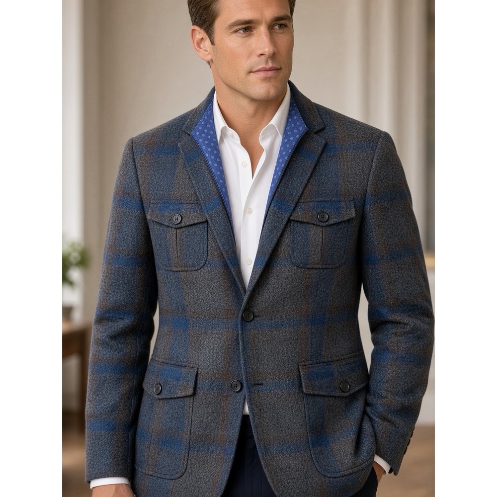 Perry Ellis Slim Fit Chore Coat Jacket in Grey Blue Plaid Wool Tweed Men 42R